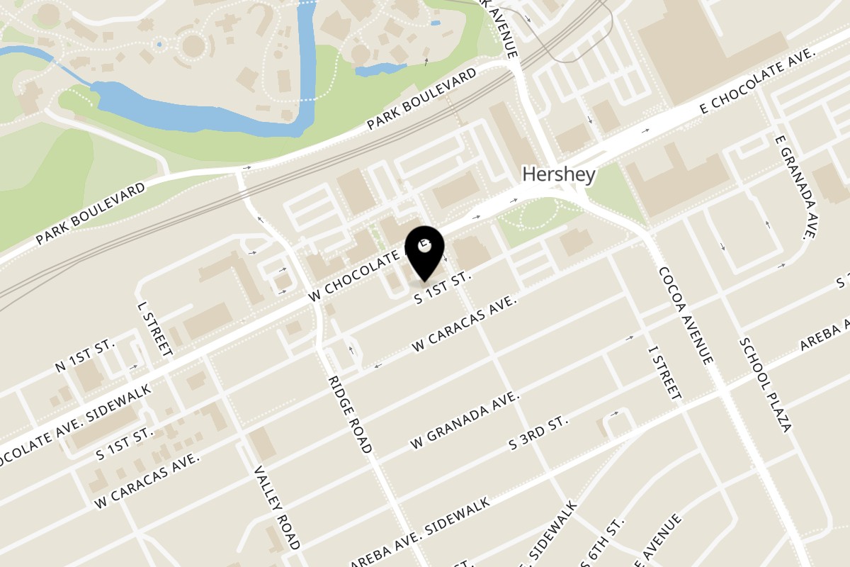 Map showing the location of Stuff'D Steaks & Hoagies on 108 W Chocolate Ave in Hershey